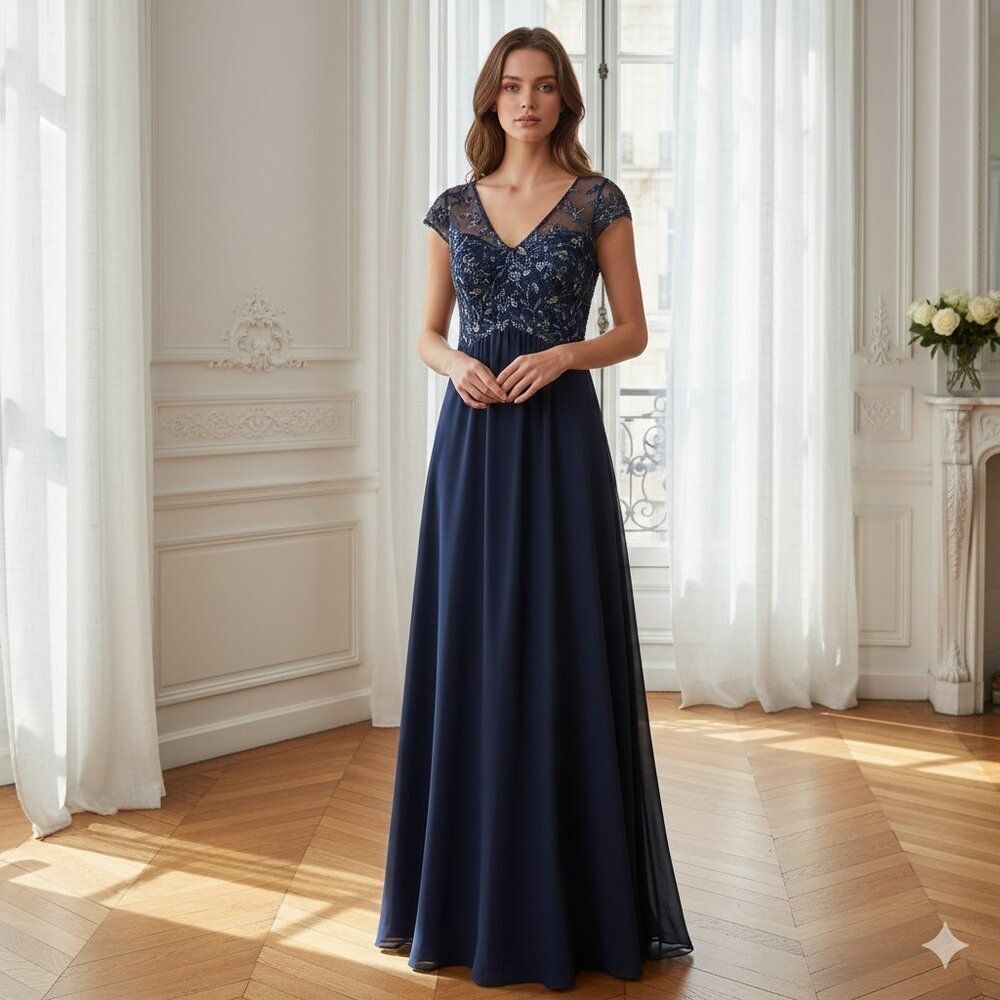 NWT Ever Pretty Navy Semi Sheer Bodice Gown Size 18
